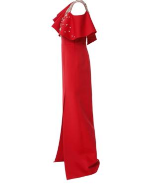 Embroidered Detailed Slit Red Evening Dress