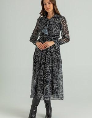 Şifon Fırfırlı Elbise - SİYAH