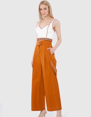 Contrast Stitch Detail High Waist Brown Trousers