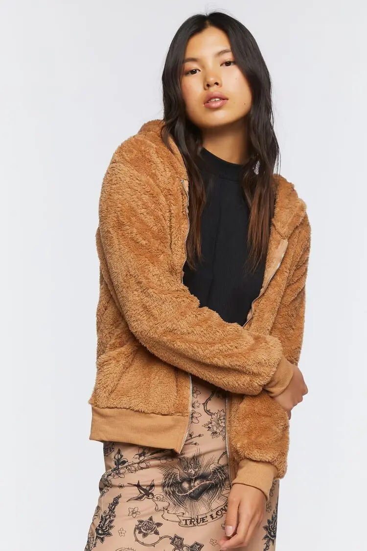 Forever 21 Forever 21 Faux Shearling Zip Up Hoodie Taupe. 1