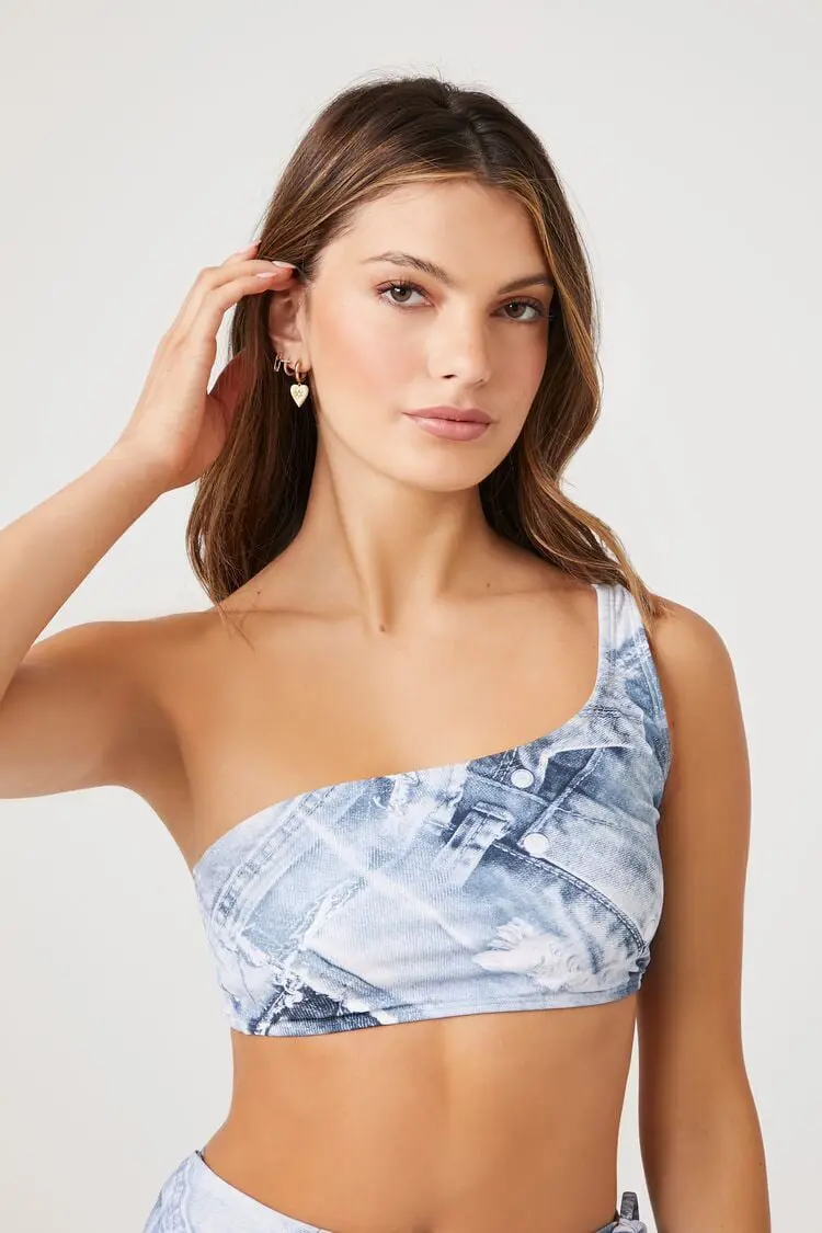 Forever 21 Forever 21 Denim One Shoulder Bikini Top Denim. 1