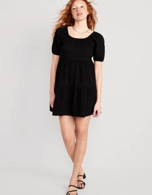 Puff-Sleeve Tiered Mini Swing Dress for Women black