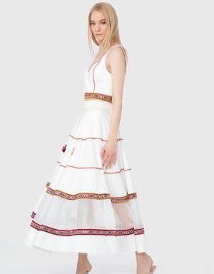 Organza Garnish Stripe And Ethnic Accessory Detail Ecru Skirt