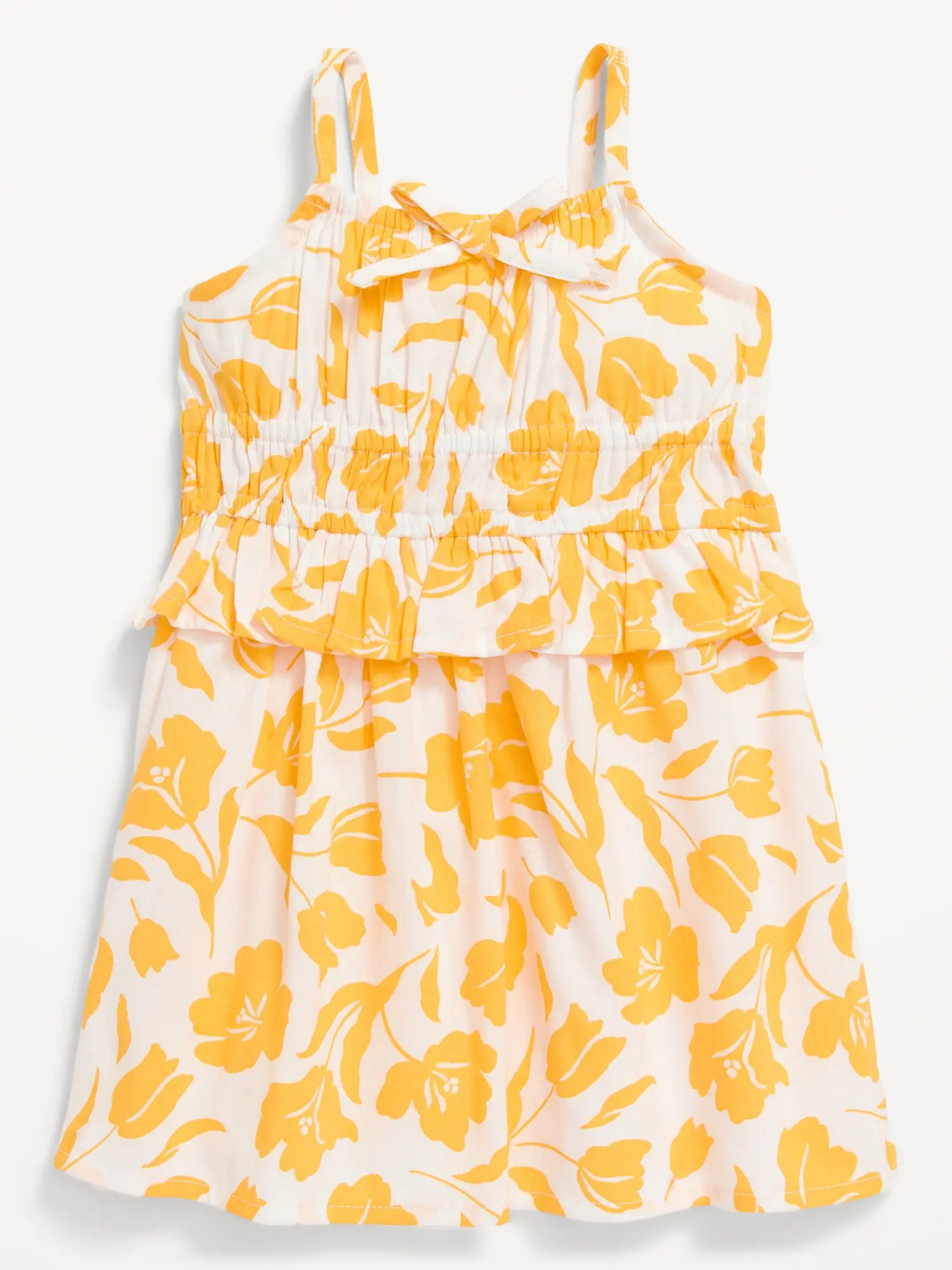 Old Navy Printed Sleeveless Smocked Ruffle-Trim Dress for Baby yellow. 1