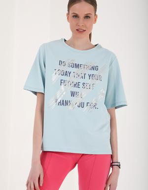 Açık Mavi Deforme Yazı Baskılı O Yaka Kadın Oversize T-Shirt - 97133