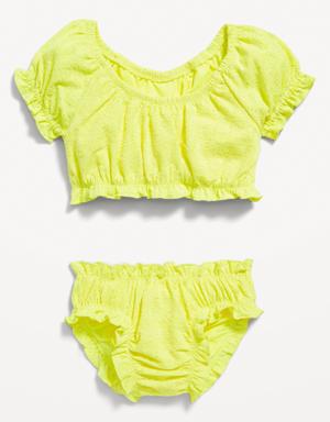 Puff-Sleeve Ruffle-Trim Tankini Bikini Swim Set for Baby yellow