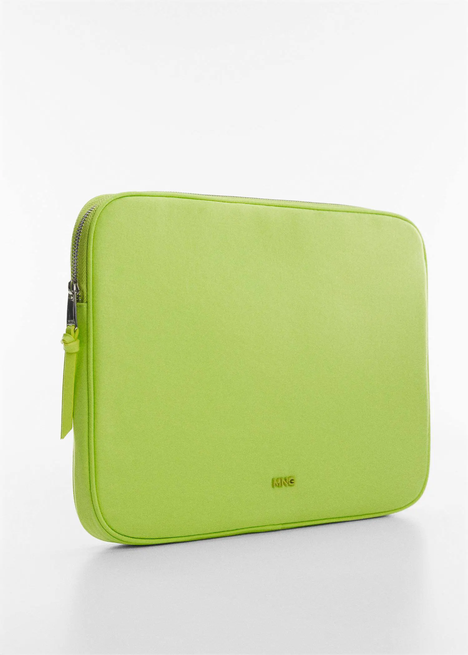 Mango Double-compartment laptop case. a lime green laptop case sitting on top of a white table. 