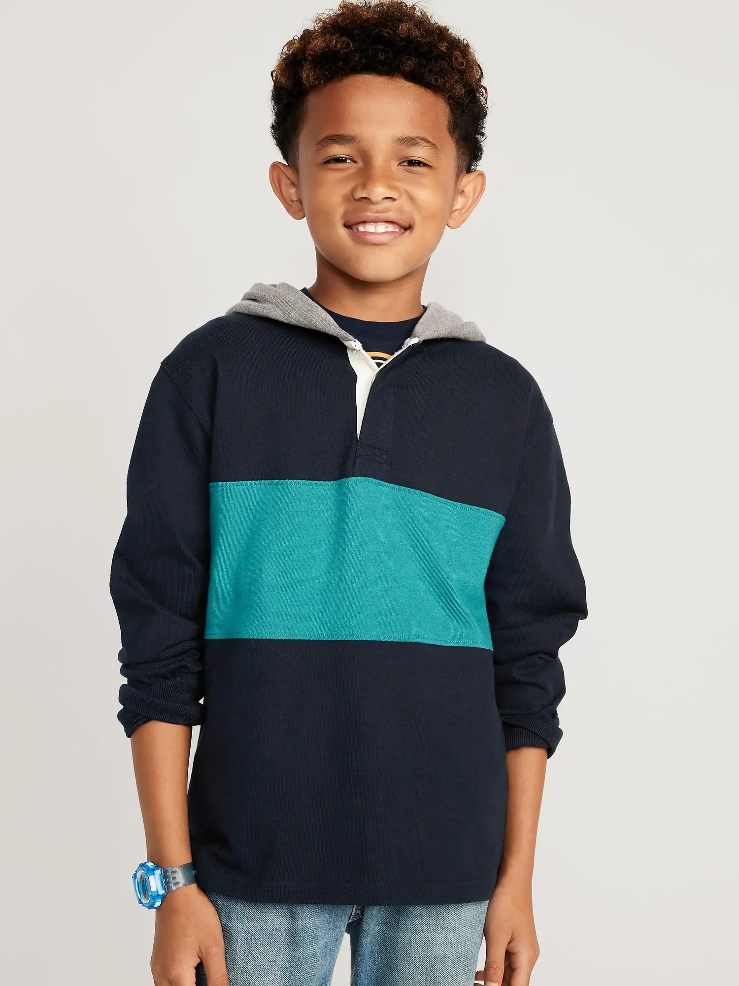 Old Navy Long-Sleeve Hooded Rugby Polo Shirt for Boys blue. 1