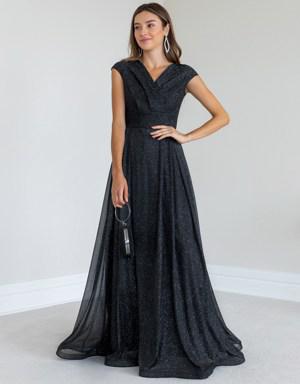 Deniz Butik Kruvaze Yaka Uzun Tül Abiye - SİYAH. 2 Deniz Butik Kruvaze Yaka Uzun Tül Abiye - SİYAH. 2