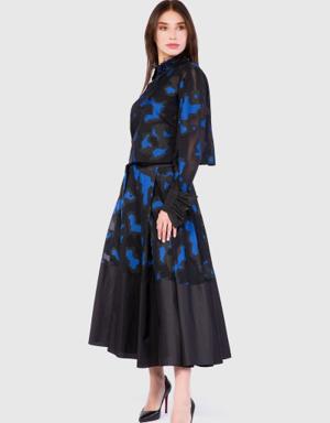 Contrast Detailed Jacquard Fabric Sax Skirt