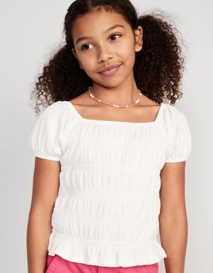 Puckered-Jacquard Knit Smocked Top for Girls white