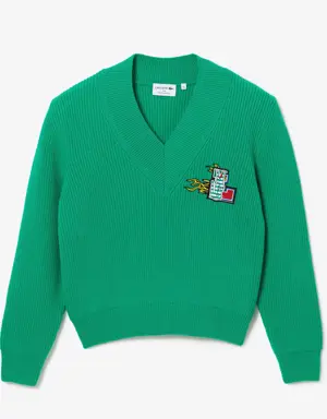Women's Lacoste Holiday V-Neck Wool Sweater