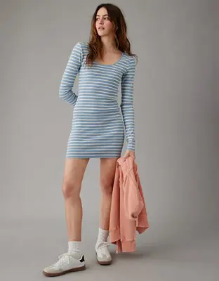 American Eagle Main Squeeze Scoop Neck Long-Sleeve Mini Dress. 1