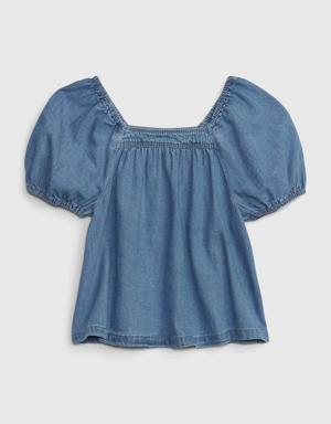 Toddler Puff Sleeve Denim Top with Washwell blue