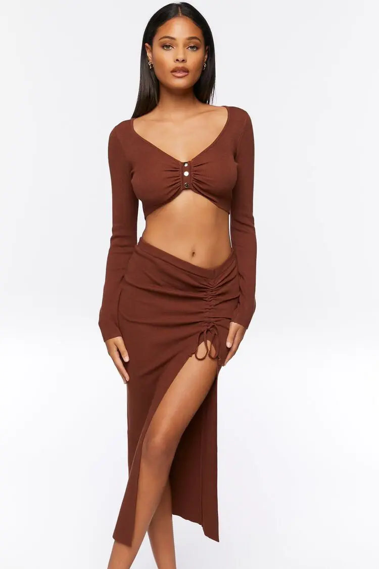 Forever 21 Forever 21 Ruched Crop Top &amp; Leg Slit Midi Skirt Set Cocoa. 1