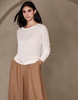 Cait Linen-Blend Long-Sleeve Sweater white