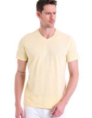 Sarı Düz Slim Fit 100% Pamuk V Yaka Tişört