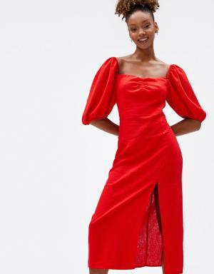 Midi Elbise Keten Viskon Karışımlı Balon Kollu Yırtmaçlı