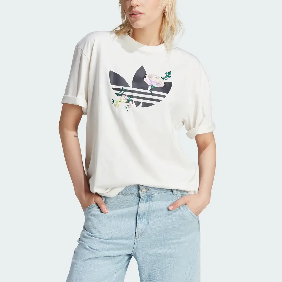 Adidas Embroidered Flower Trefoil Tee. 1