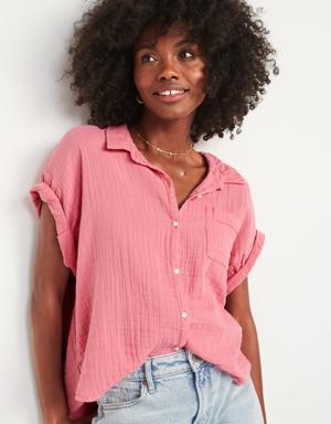 Short-Sleeve Crinkled Button-Down Shirt for Women pink