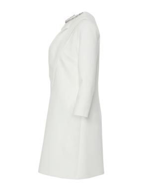 Embroidered Collar Front Pleat Piece Mini Ecru Dress