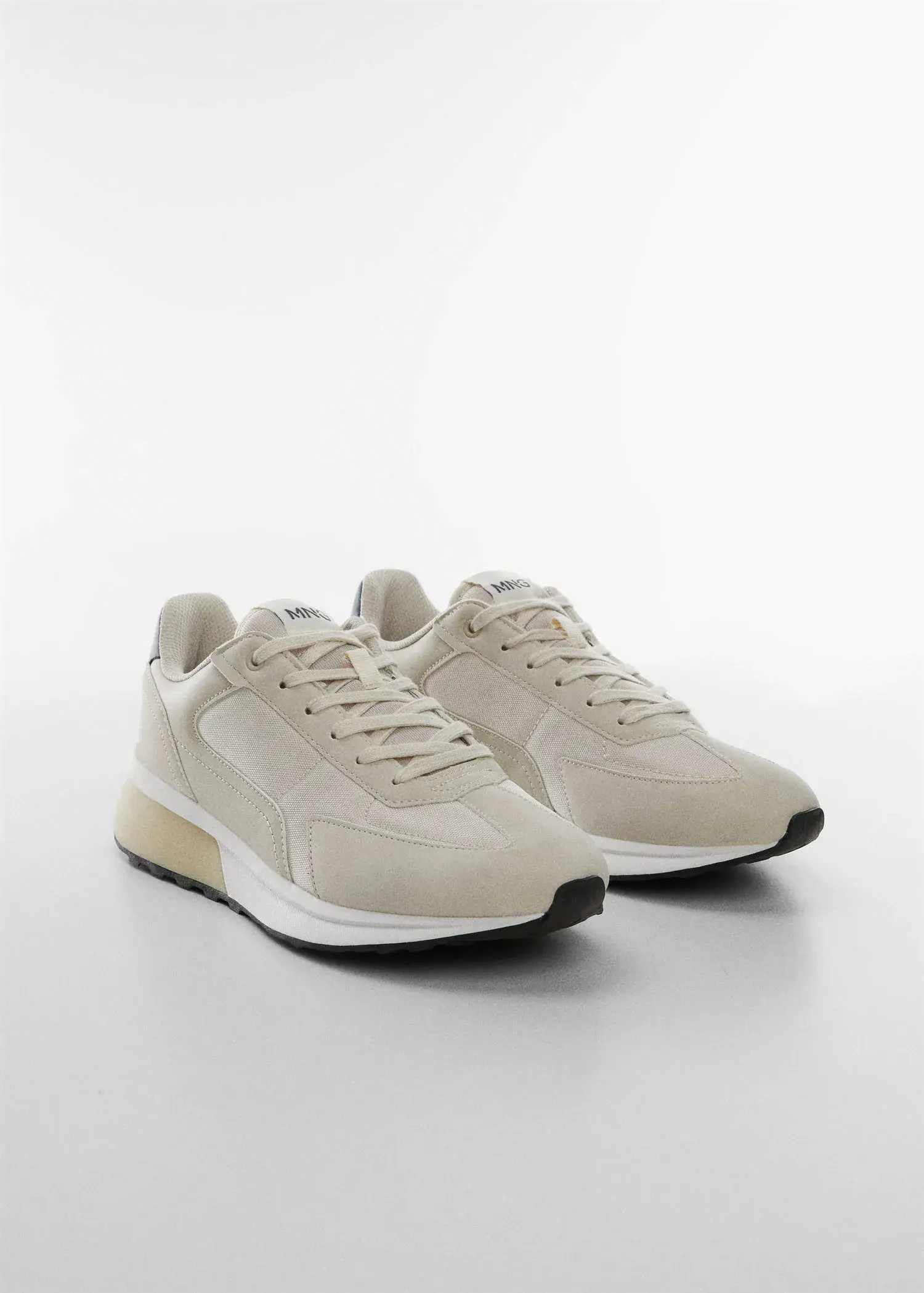 Mango Leather mixed sneakers. a pair of white sneakers on top of a white surface. 