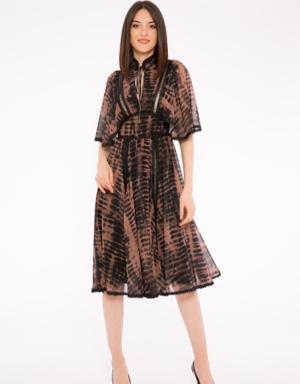 Glittery Striped Detail Grand Collar Midi Length Brown Dress