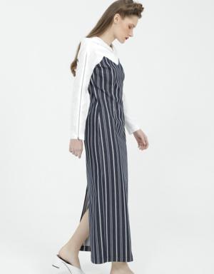 Long Striped Navy Stretch Dress With Zipper Detail