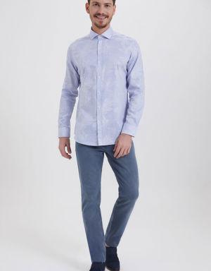 Mavi Slim Fit Desenli 100% Pamuk Uzun Kol Klasik Gömlek