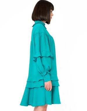 Frill Detailed Standing Neck Green Dress