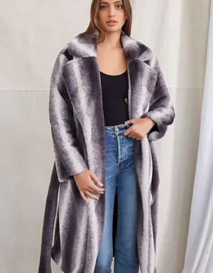 Forever 21 Belted Faux Fur Longline Coat Charcoal/White