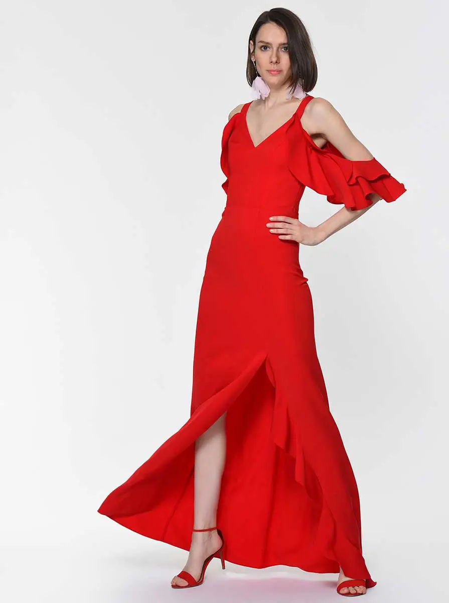 Roman Ruffle-Sleeve Slit Gown - 4 / RED. 1