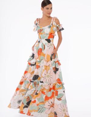 Ruffle Detailed, Embroidered, Patterned Long Ecru Dress