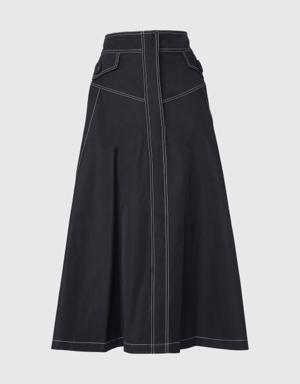 Contrast Stitch Detail High Waist Midi Length Black Skirt