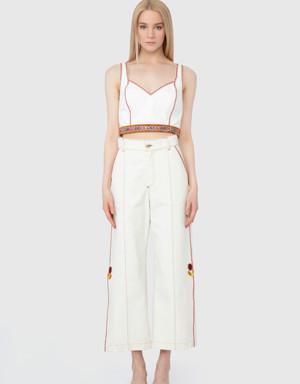Stripe And Ethnic Accessory Detail Wide Leg White Trousers