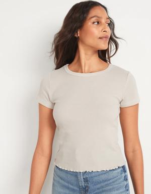 Short-Sleeve Cropped Lettuce-Edge Waffle-Knit T-Shirt for Women beige
