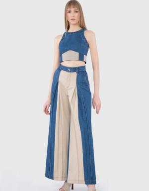 Pleated Detail Wide Leg Navy Blue Trousers