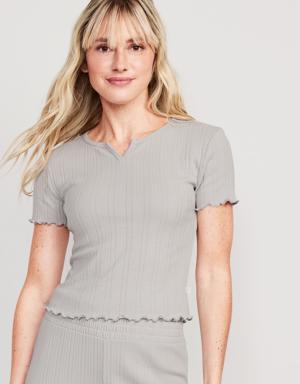 Split-Neck Pointelle-Knit Pajama T-Shirt for Women gray