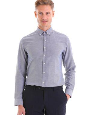 Lacivert Pamuklu Comfort Fit Düz Uzun Kollu Oxford Gömlek