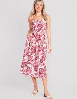 Waist-Defined Floral Linen-Blend Smocked Midi Cami Dress for Women pink