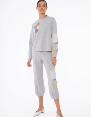 Pleat Detailed, Embroidered Knitted Gray Trousers