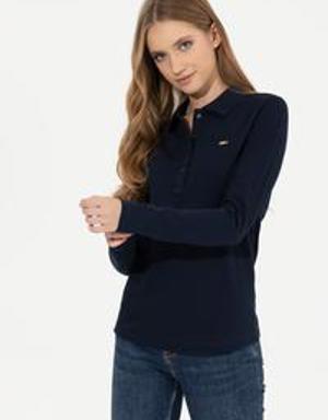 Kadın Lacivert Polo Yaka Basic Sweatshirt