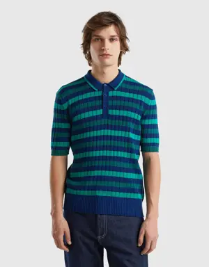green and blue striped knit polo