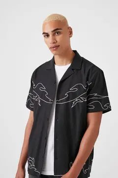 Forever 21 Forever 21 Embroidered Flame Shirt Black/White. 2