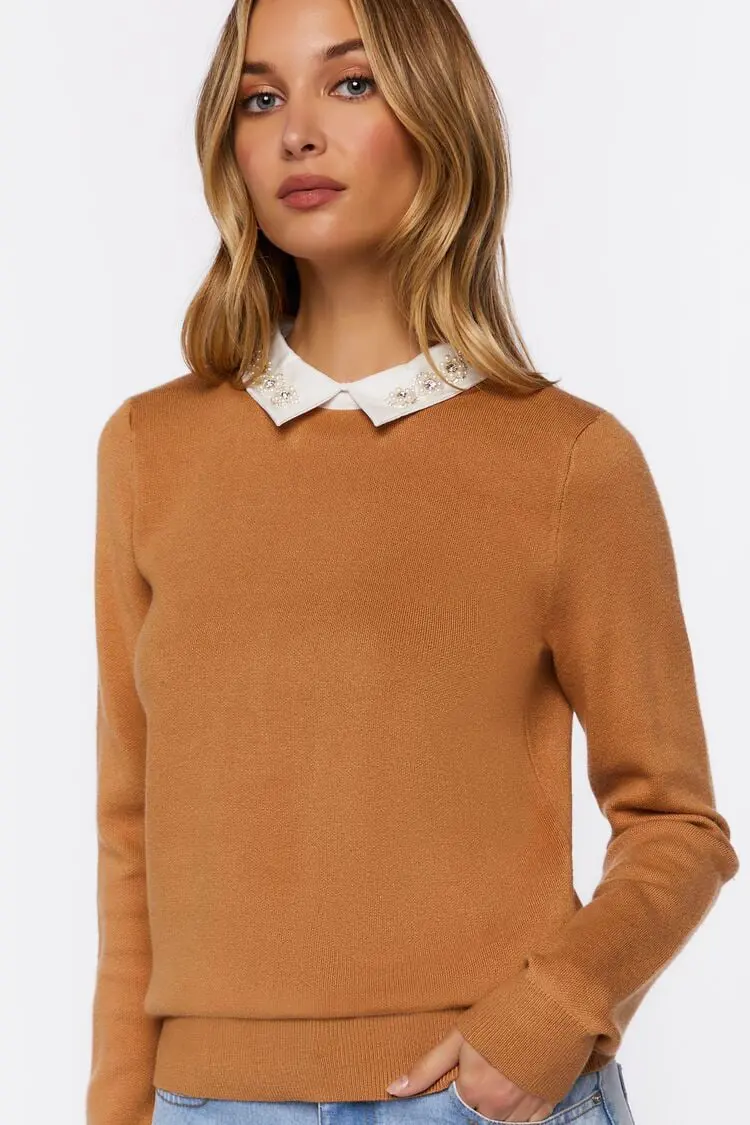 Forever 21 Forever 21 Faux Gem Collar Sweater Camel/White. 1