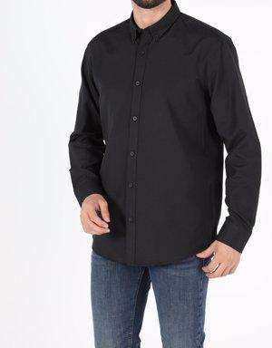 Regular Fit Shirt Neck Erkek Siyah Uzun Kol Gömlek
