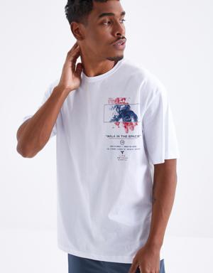 Beyaz Baskı Detaylı O Yaka Erkek Oversize T-Shirt - 88099
