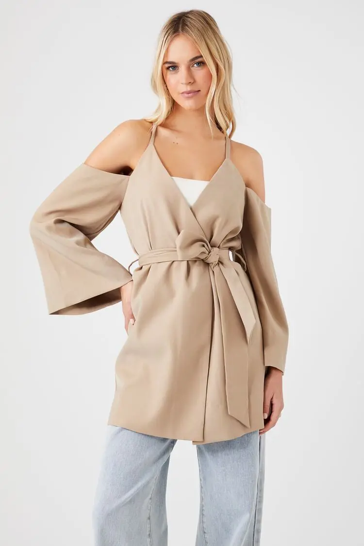 Forever 21 Forever 21 Open Shoulder Wrap Jacket Khaki. 1