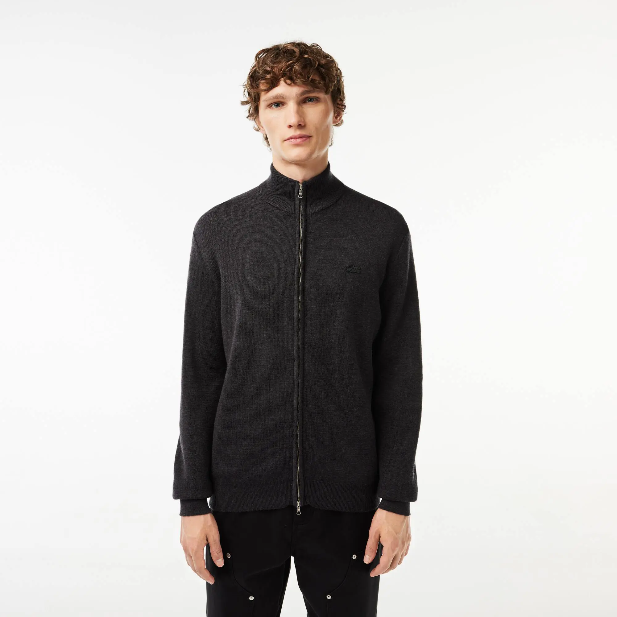Lacoste Men's Zippered Stand-Up Neck Wool Cardigan. 1