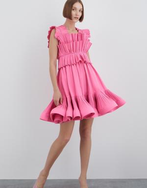 Pleated Midi Lenght Dress With Embroidered Detail